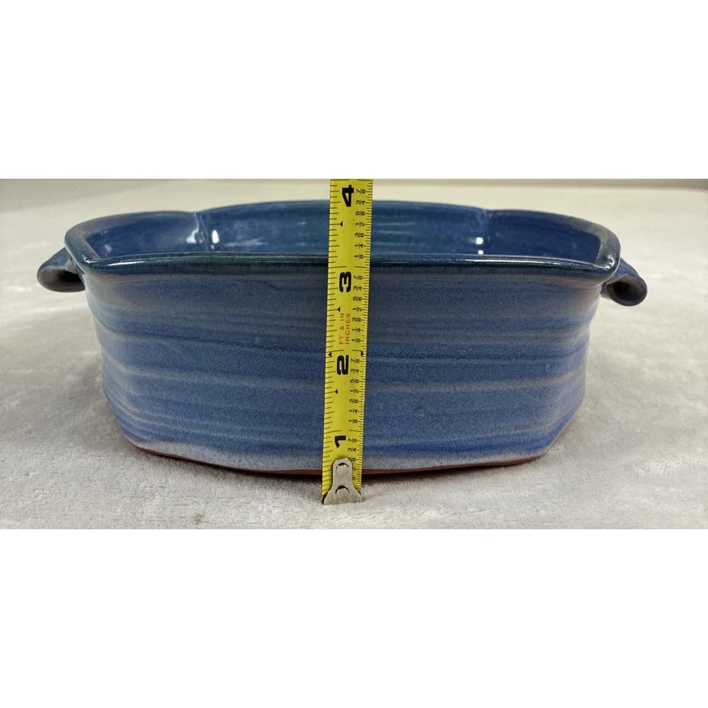 VTG Signed Studio Art Pottery Two Handled Decorative Bowl Blue Glaze 9
